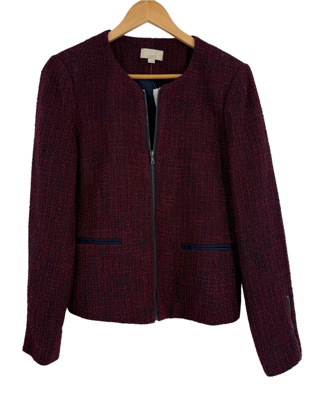 LOFT Blazer NWT Womens Size 6 Maroon Blue Wool Tweed Collarless Full Zip Jacket